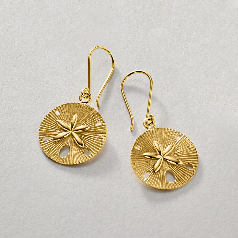 18kt Gold Over Sterling Textured and Polished Sand Dollar Drop Earrings image number 2
