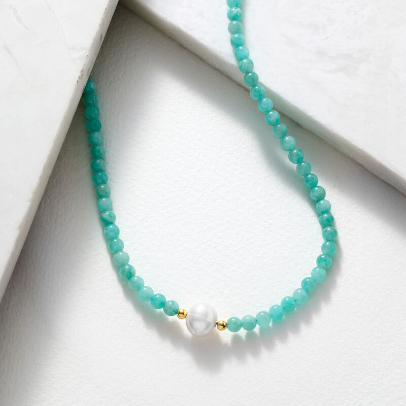 8.5-9mm Cultured Pearl and 4-4.5mm Amazonite Bead Necklace with 18kt Gold Over Sterling image number 2