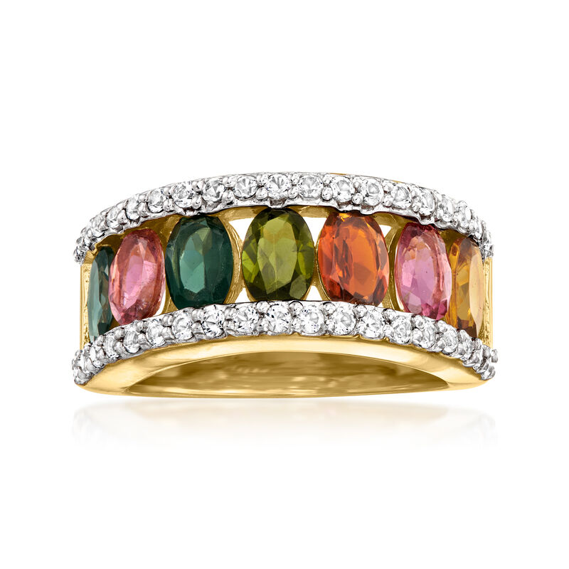 3.10 ct. t.w. Multicolored Tourmaline Ring with .70 ct. t.w. White Topaz in 18kt Gold Over Sterling. Size 9 image number 0