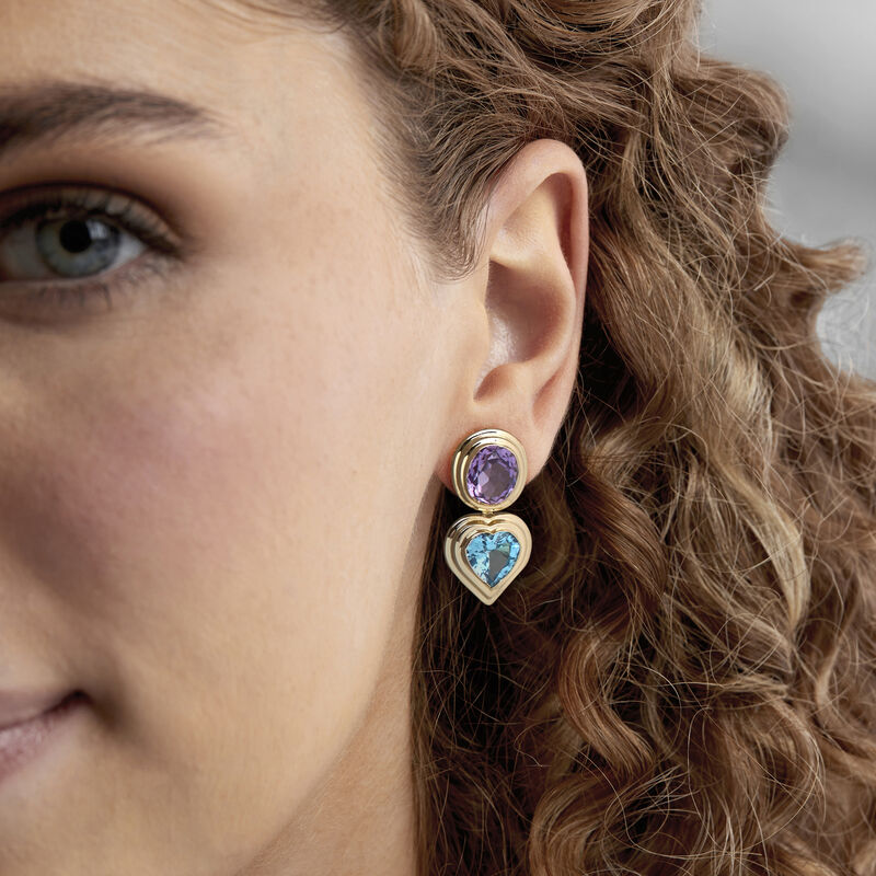 C. 1980 Vintage 10.20 ct. t.w. Swiss Blue Topaz and 10.00 ct. t.w. Amethyst Drop Earrings in 14kt Yellow Gold  image number 1