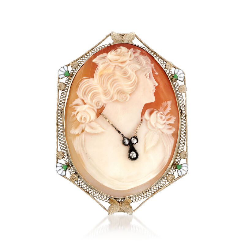 C. 1950 Vintage Pink Shell Cameo Pin Pendant with Diamond Accent in 14kt White Gold image number 2