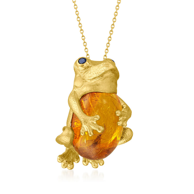 C. 1980 Vintage Amber Frog Pin/Pendant Necklace in 18kt Yellow Gold image number 2