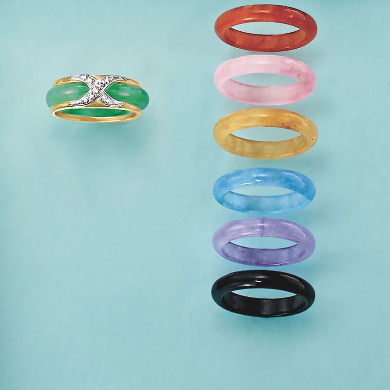Multicolored Jade Jewelry Set: Seven Interchangeable Bands with 14kt Gold Ring Jacket image number 8