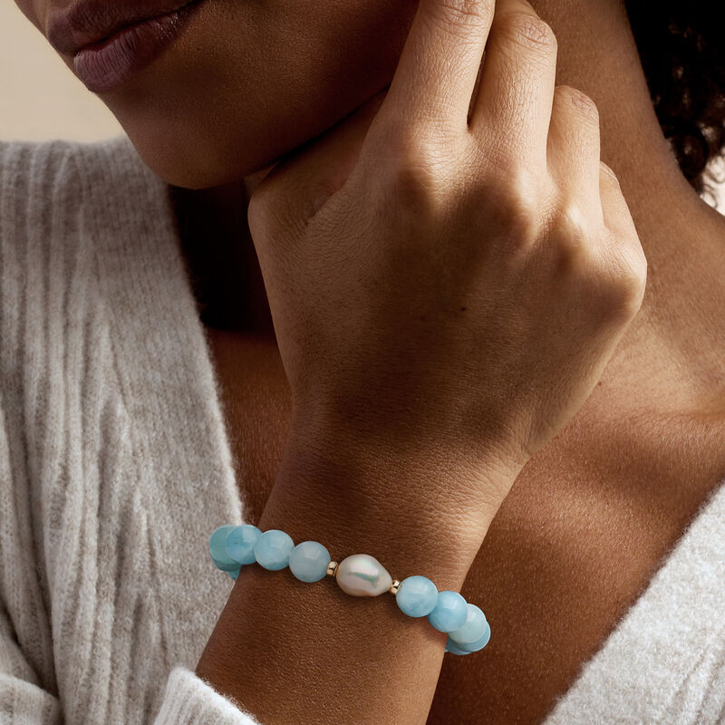 12-13mm Cultured Baroque Pearl and 140.00 ct. t.w. Aquamarine Bead Stretch Bracelet with 14kt Yellow Gold. Adjustable Size image number 1