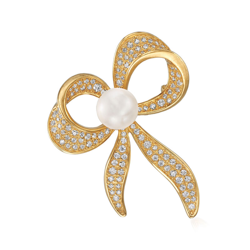 8mm Shell Pearl and 1.10 ct. t.w. CZ Bow Pin in 18kt Gold Over Sterling image number 0