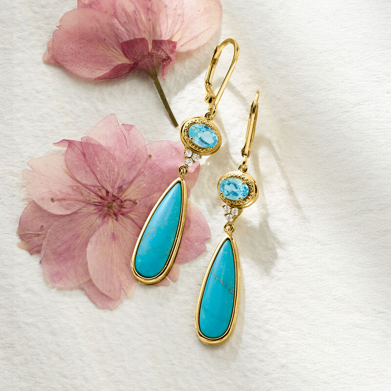 Turquoise and .80 ct. t.w. Swiss Blue Topaz Drop Earrings with .10 ct. t.w. White Zircon in 18kt Gold Over Sterling  image number 2