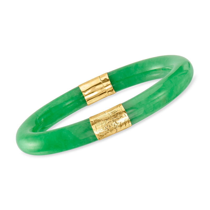 C. 1980 Vintage Carved Jade Bangle Bracelet with 14kt Yellow Gold. 8&quot; image number 0