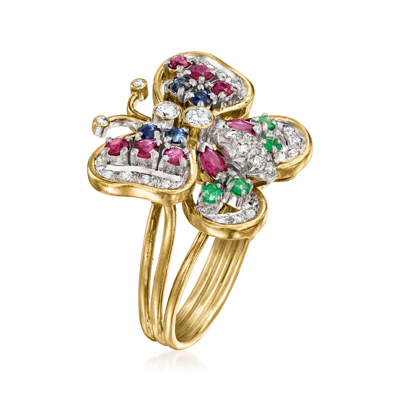 C. 1980 Vintage .93 ct. t.w. Multi-Gemstone and .20 ct. t.w. Diamond Butterfly Ring in 14kt Yellow Gold. Size 6.5 image number 2