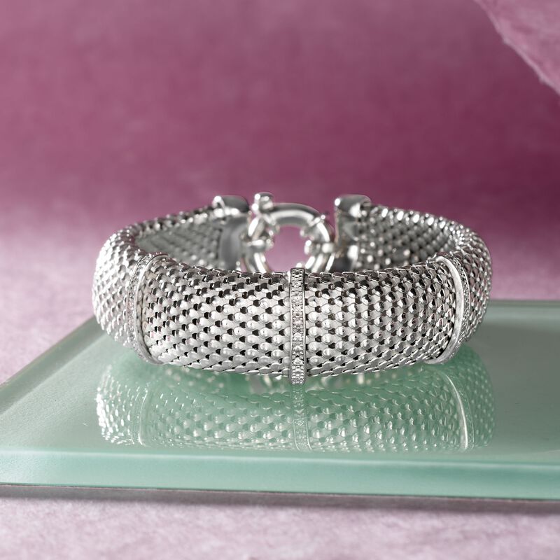 Italian .15 ct. t.w. Diamond Bar Mesh Bracelet in Sterling Silver image number 2