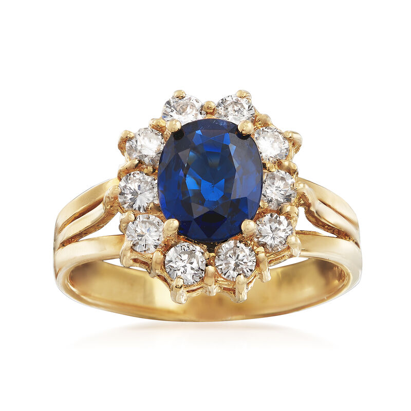 C. 1980 Vintage 1.48 Carat Sapphire and .70 ct. t.w. Diamond Ring in 18kt Yellow Gold image number 0