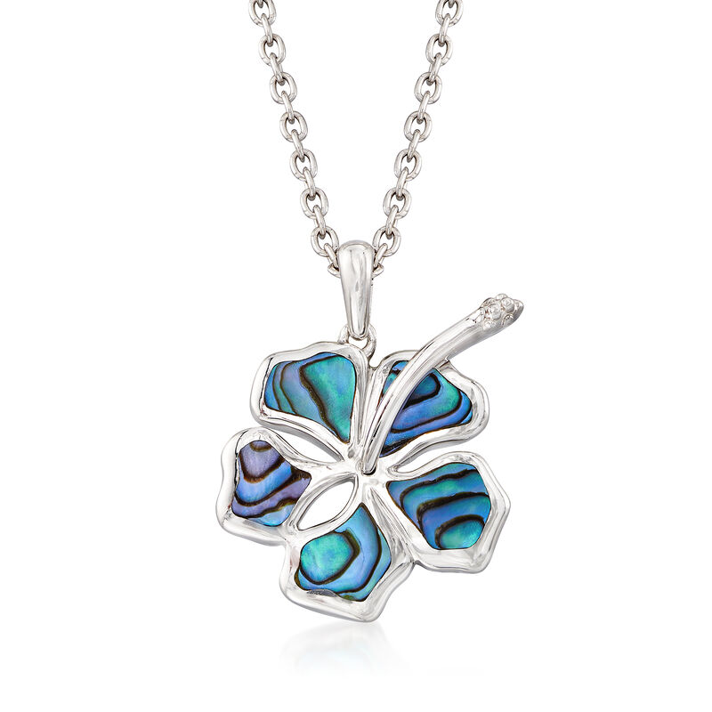 Abalone Shell Hibiscus Pendant Necklace in Sterling Silver. 18&quot; image number 1