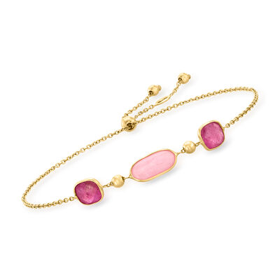 Italian Pink Opal and 1.60 ct. t.w. Ruby Bolo Bracelet in 14kt Yellow Gold