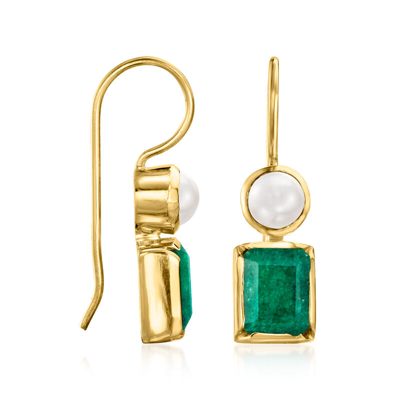 4.5-5mm Cultured Pearl and 3.90 ct. t.w. Emerald Drop Earrings in 18kt Gold Over Sterling  image number 2