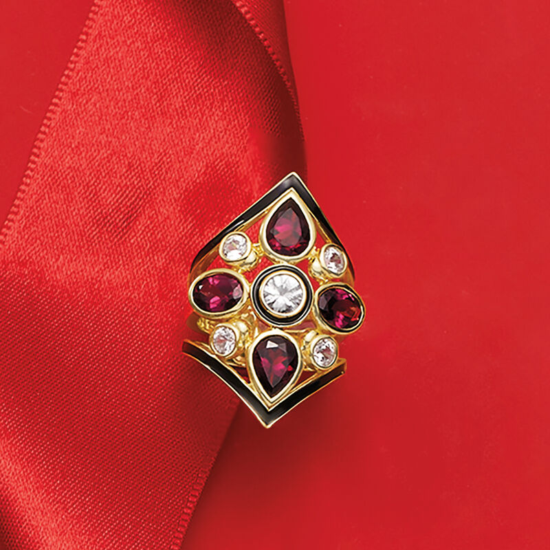 4.70 ct. t.w. Rhodolite Garnet and 1.70 ct. t.w. White Zircon Ring in 18kt Gold Over Sterling image number 4