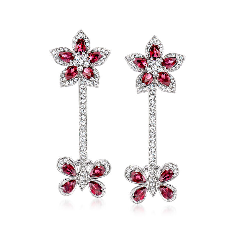 4.20 ct. t.w. Rhodolite Garnet and 1.90 ct. t.w. White Zircon Flower and Butterfly Drop Earrings in Sterling Silver  image number 3