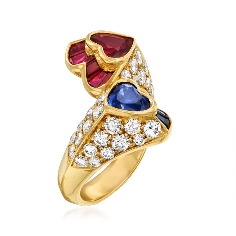 C. 1980 Vintage 1.40 ct. t.w. Sapphire, 1.40 ct. t.w. Ruby and 1.50 ct. t.w. Diamond Heart Bypass Ring in 18kt Yellow Gold. Size 5 image number 2