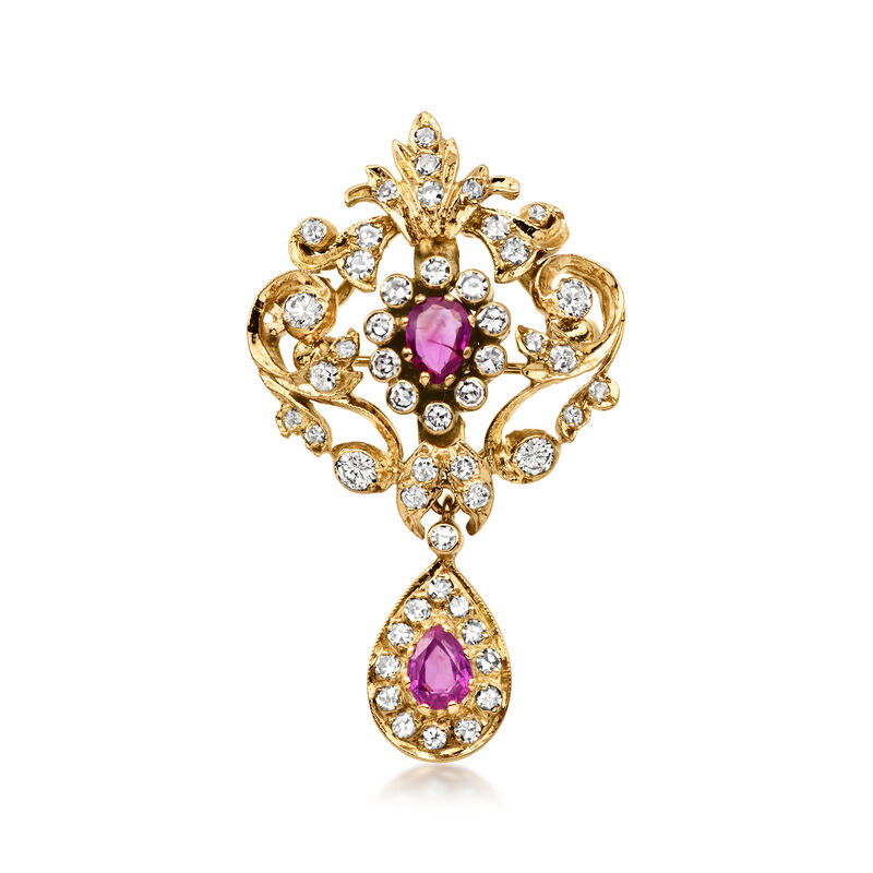 C. 1960 Vintage 1.15 ct. t.w. Diamond and .70 ct. t.w. Ruby Pin/Pendant in 14kt Yellow Gold image number 0