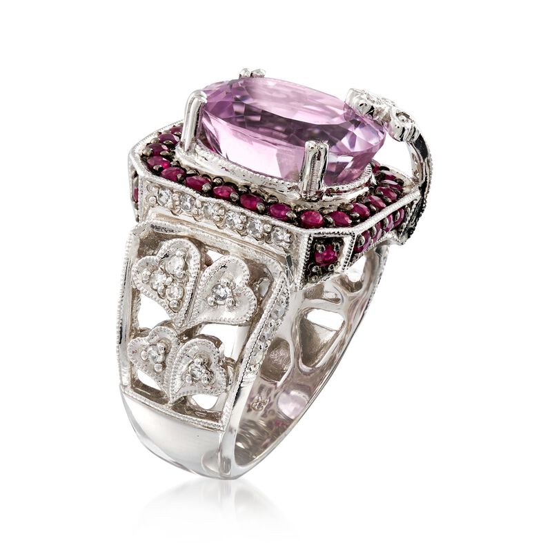 C. 2000 Vintage 6.10 Carat Kunzite and .70 ct. t.w. Ruby Ring with Diamonds in 14kt White Gold. Size 5 image number 2
