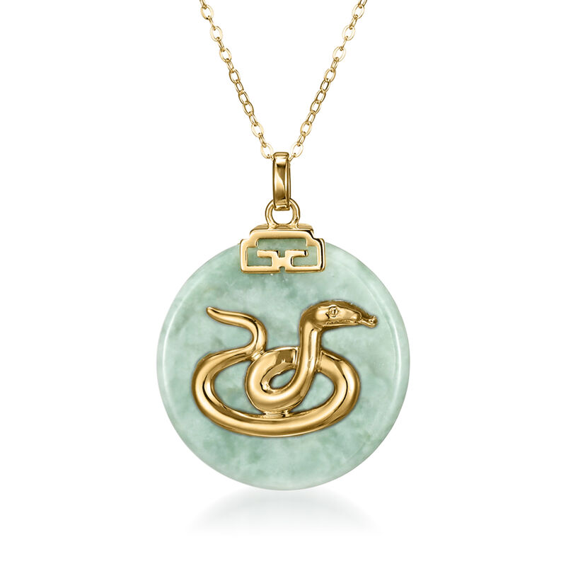 Snake - Jade Chinese Zodiac Pendant Necklace in 18kt Gold Over Sterling. 18&quot; image number 0