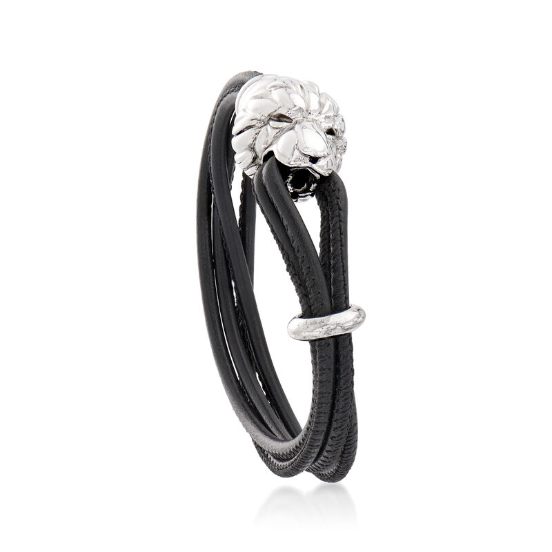 Italian Sterling Silver Lion Bracelet with Black Leather image number 2