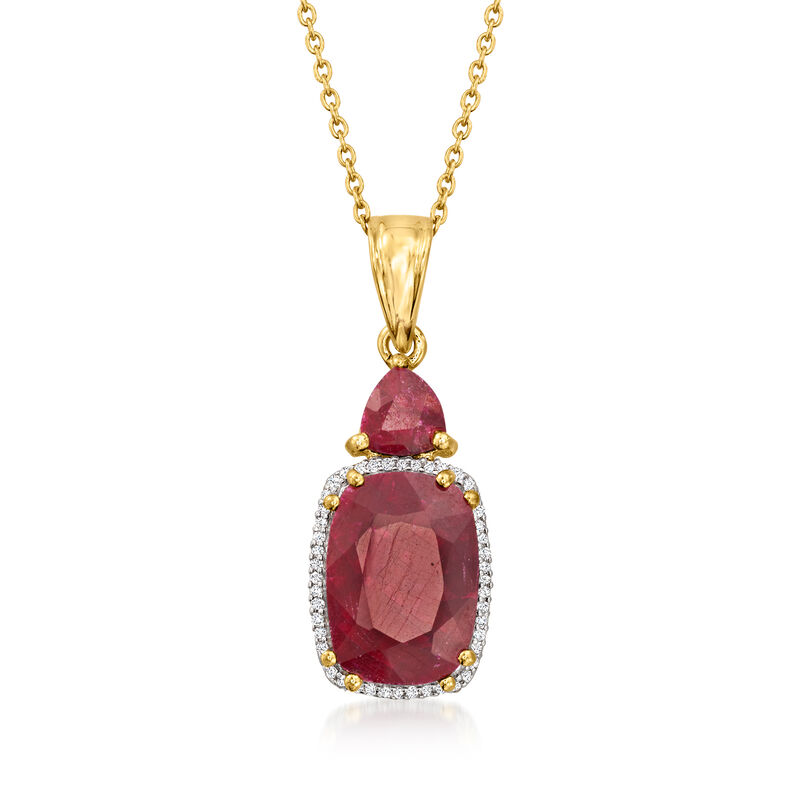 8.10 ct. t.w. Ruby and .13 ct. t.w. Diamond Pendant Necklace in 18kt Gold Over Sterling. 18&quot; image number 1