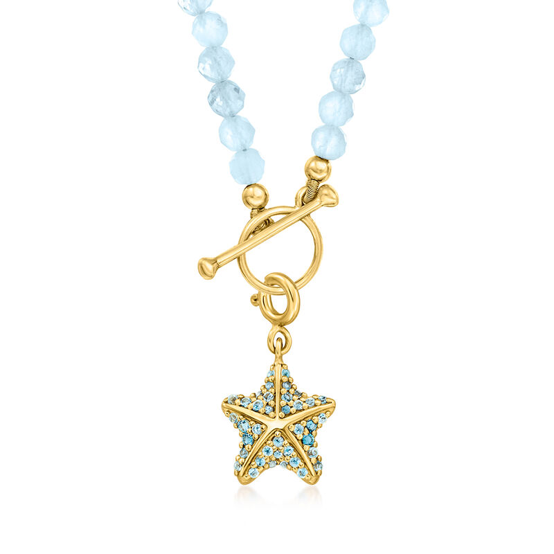3.5-4mm Aquamarine Bead Charm-Compatible Toggle Necklace in 18kt Gold Over Sterling image number 2