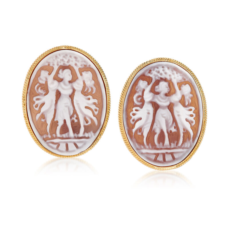 C. 1980 Vintage Pink Shell &quot;Three Graces&quot; Cameo Clip-On Earrings in 14kt Yellow Gold   image number 0