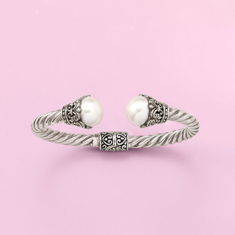 Balinese 10-11mm Cultured Pearl Cuff Bracelet in Sterling Silver image number 2