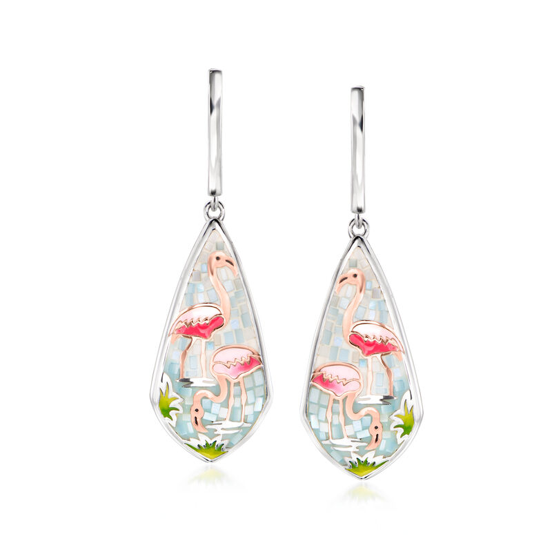 Mother-of-Pearl and Multicolored Enamel Flamingo Mosaic Drop Earrings in Sterling Silver and 18kt Rose Gold Over Sterling image number 0