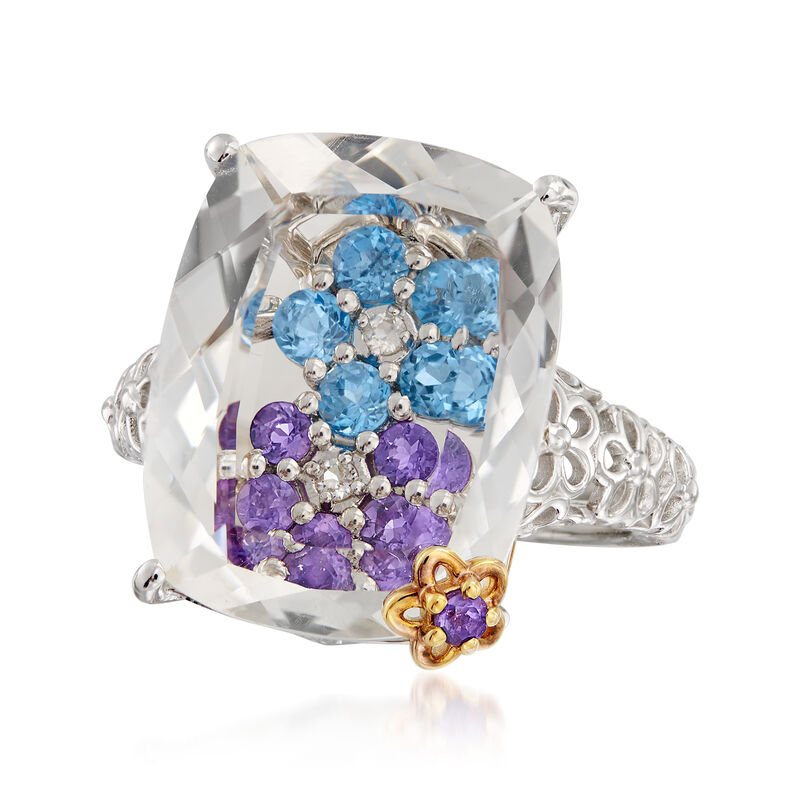 Rock Crystal and .83 ct. t.w. Multi-Gemstone Flower Ring in Sterling Silver with 18kt Gold Over Sterling Accents image number 3