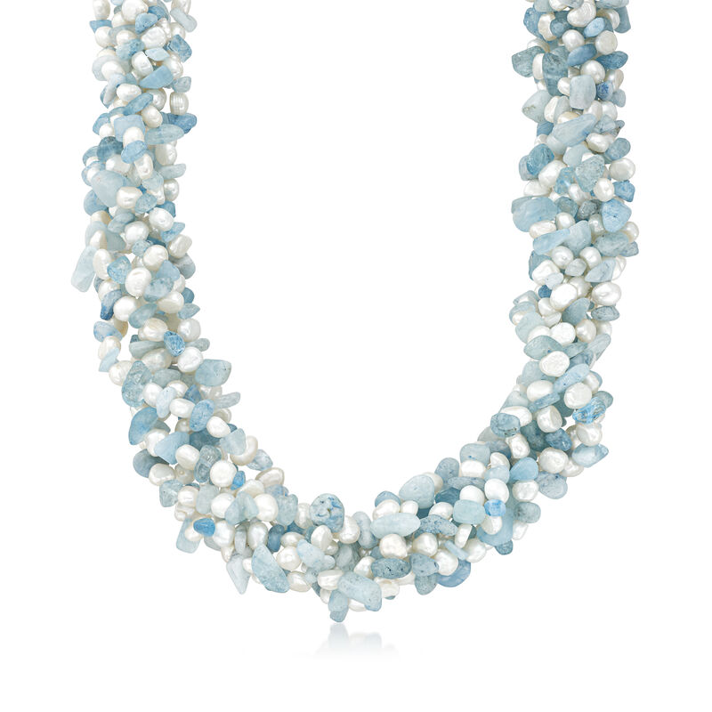 Aquamarine Bead and 5-6mm Cultured Pearl Torsade Necklace with Sterling Silver. 18&quot; image number 1