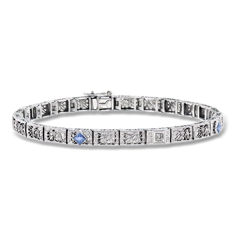 C. 1960 Vintage .25 ct. t.w. Synthetic Sapphire Filigree Bracelet with Single Diamond in Platinum and 14kt White Gold. 7" image number 0