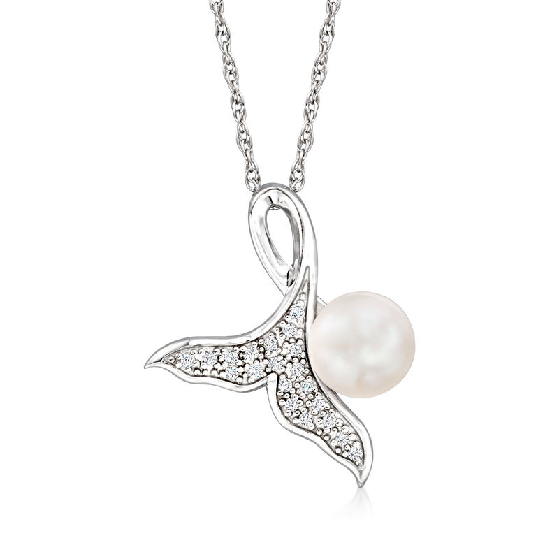 7-7.5mm Cultured Pearl and .10 ct. t.w. Diamond Whale Tail Pendant Necklace in Sterling Silver. 18&quot; image number 1