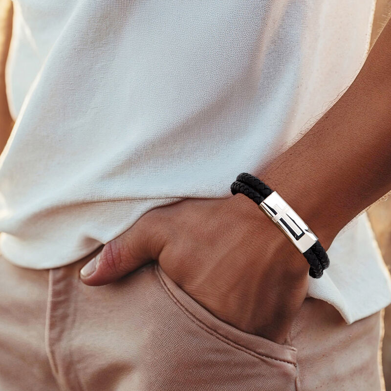 Men's Stainless Steel Cross Bracelet with Black Leather. 8&quot; image number 1