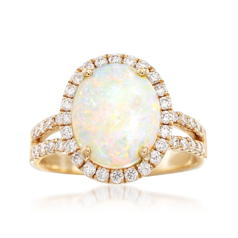 Oval Cabochon Opal and .73 ct. t.w. Diamond Ring in 14kt Yellow Gold image number 0