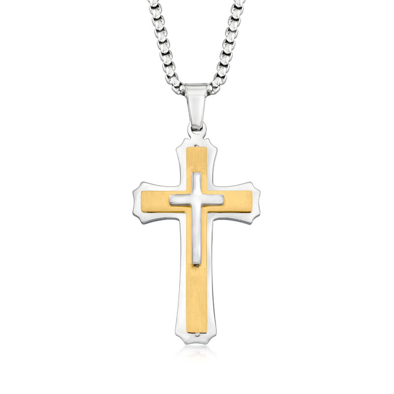 Men's White and Yellow Stainless Steel Cross Pendant Necklace. 24" image number 0