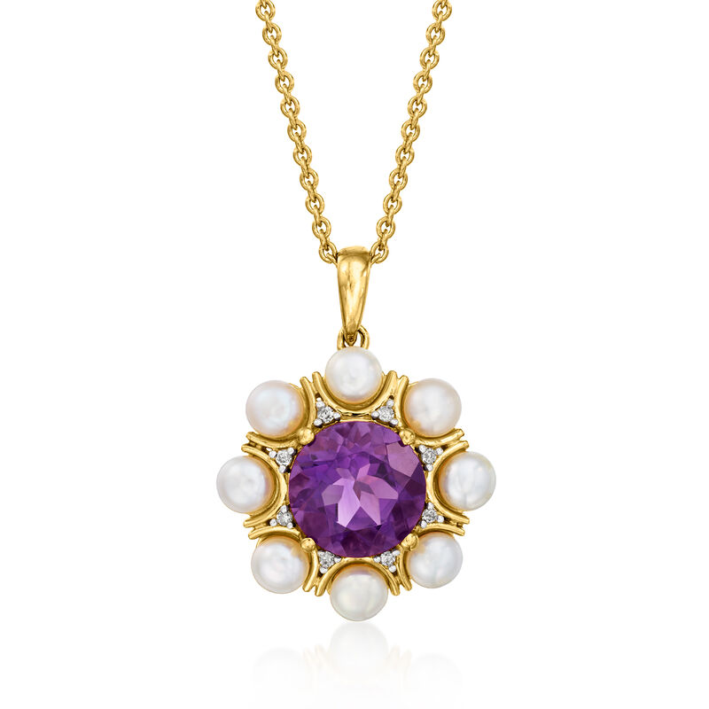 4-4.5mm Cultured Pearl and 2.80 Carat Amethyst Pendant Necklace with Diamonds in 18kt Gold Over Sterling. 18&quot; image number 0