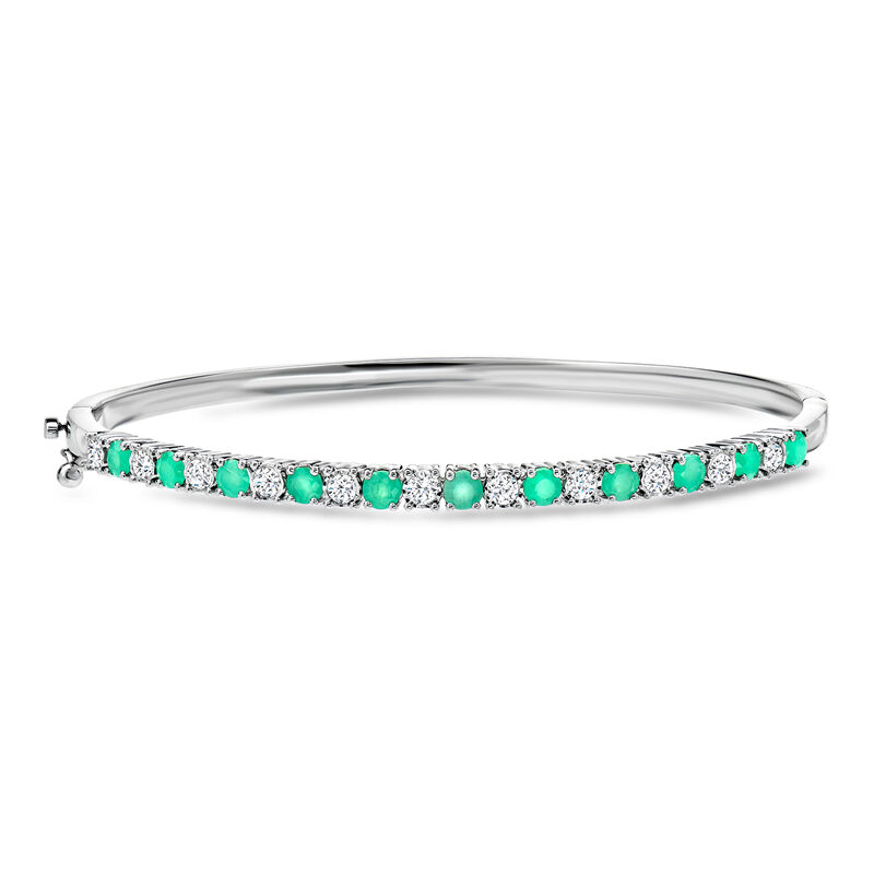 1.00 ct. t.w. Emerald and .50 ct. t.w. Diamond Bangle Bracelet in Sterling Silver. 7" image number 0