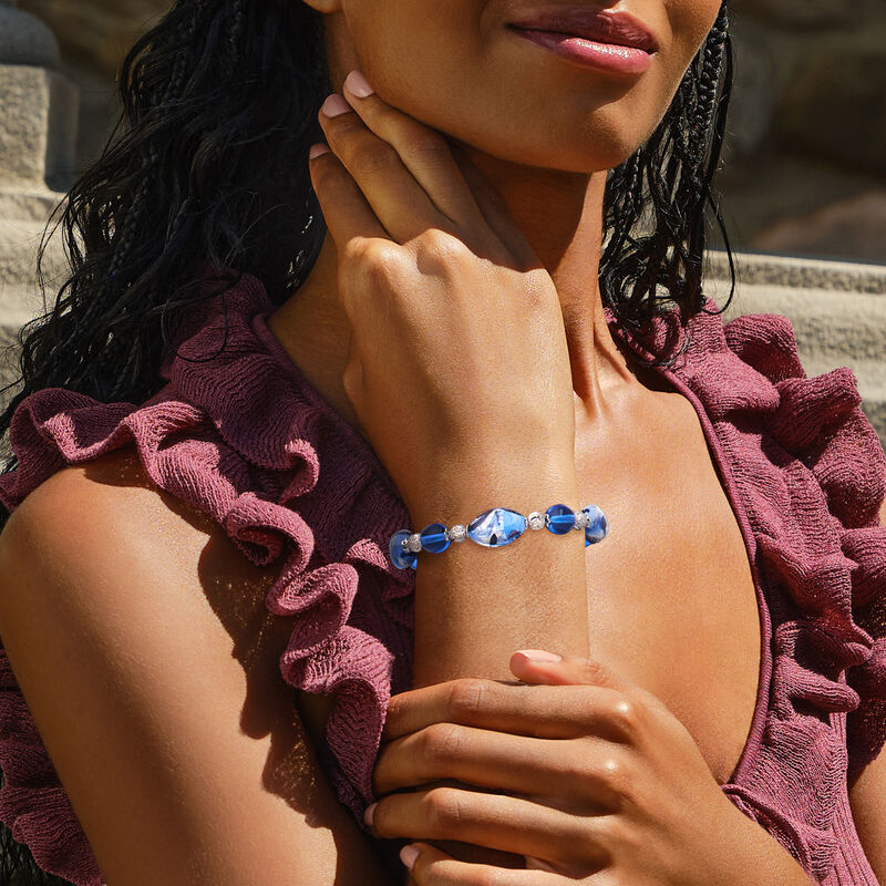 Italian Tonal Blue Murano Glass Bead Bracelet in Sterling Silver. 7&quot; image number 1