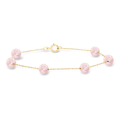 6-6.5mm Pink Cultured Pearl Station Bracelet in 14kt Yellow Gold