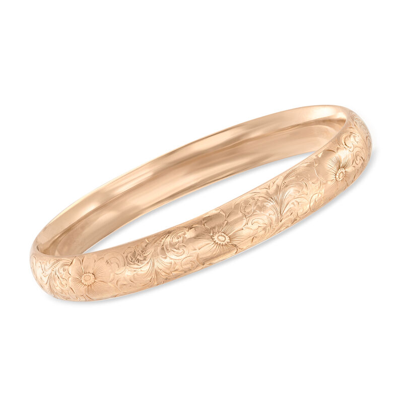 C. 1940 Vintage 14kt Yellow Gold Engraved Flower Bangle Bracelet image number 0