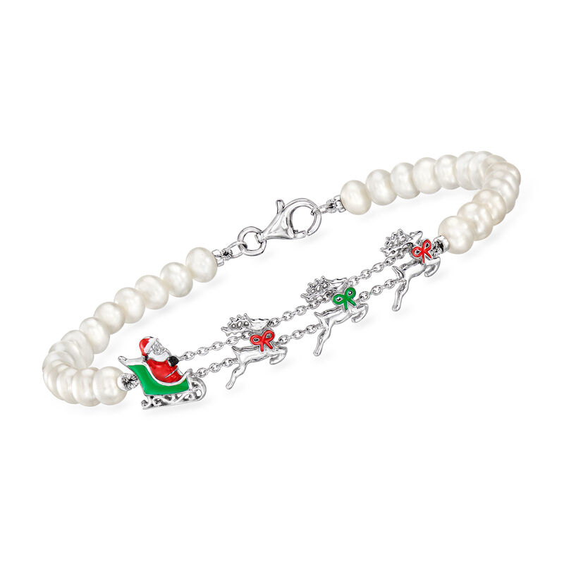 4-4.5mm Cultured Pearl and Multicolored Enamel Christmas Station Bracelet in Sterling Silver image number 0