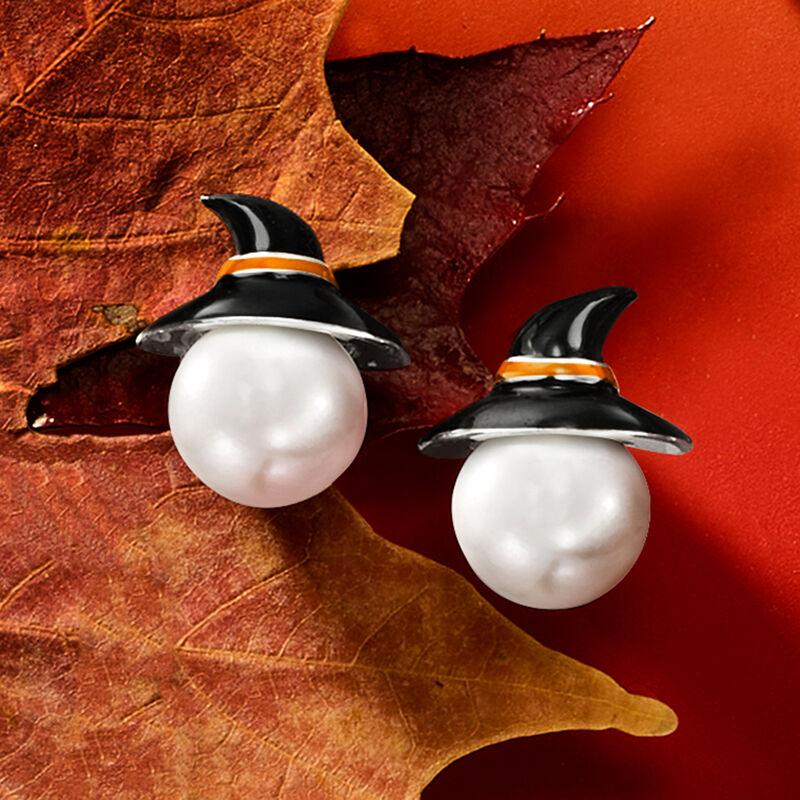 8-8.5mm Cultured Pearl and Multicolored Enamel Witch Hat Earrings in Sterling Silver image number 4