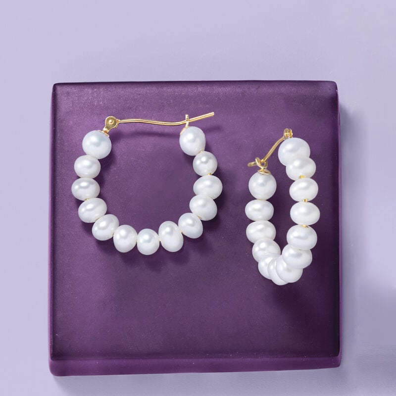 4-5mm Cultured Pearl Hoop Earrings in 14kt Yellow Gold. 7/8&quot; image number 2