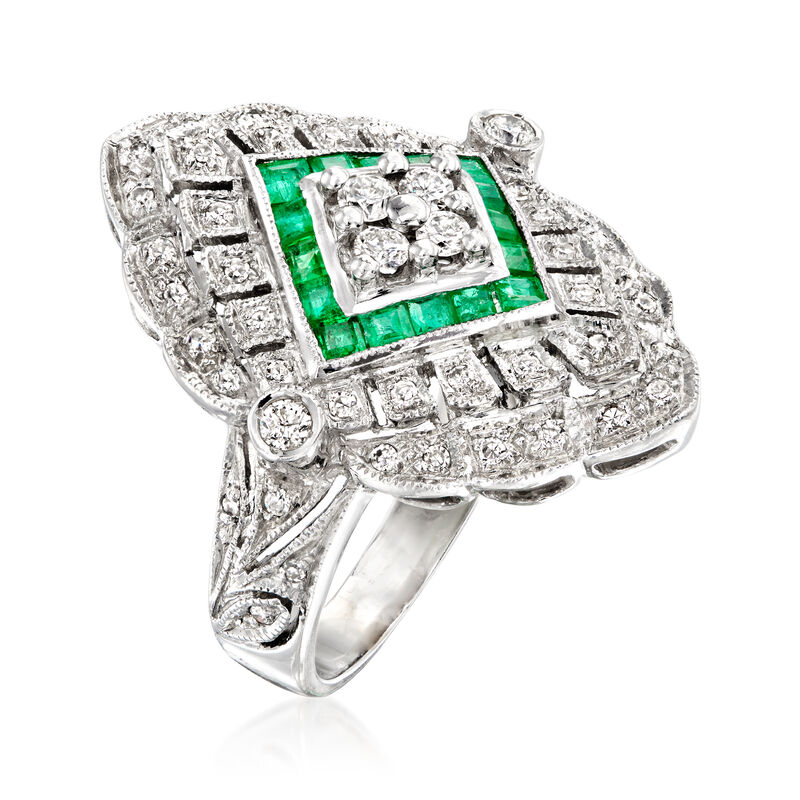 C. 1980 Vintage .50 ct. t.w. Diamond and .65 ct. t.w. Emerald Filigree Ring in 14kt White Gold. Size 6.5 image number 2