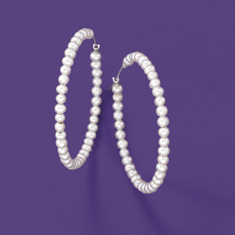 3-4mm Cultured Pearl Hoop Earrings in Sterling Silver image number 2