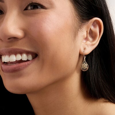 Italian 14kt Yellow Gold Openwork Floral Lace Teardrop Earrings