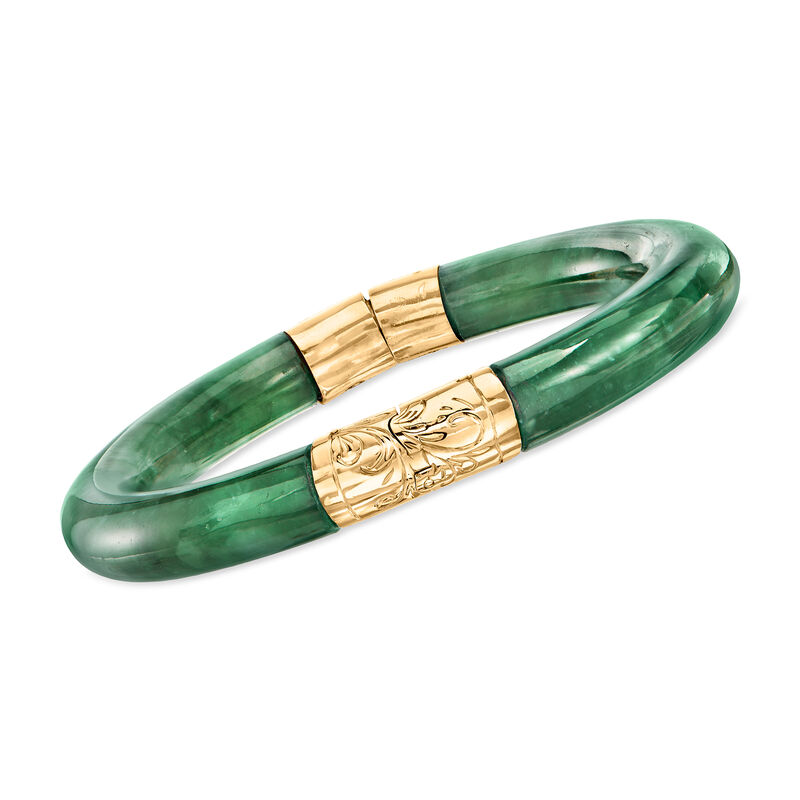 C. 1960 Vintage Jade Bangle Bracelet with 14kt Yellow Gold. 7" image number 0