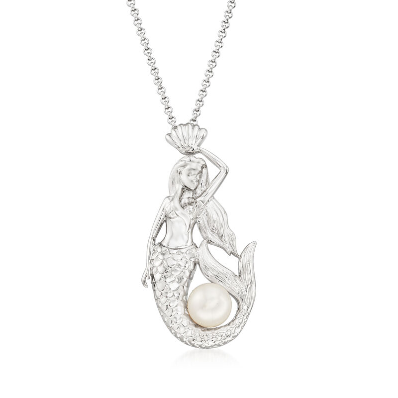 8.5-9mm Cultured Pearl Mermaid Pendant Necklace in Sterling Silver. 18&quot; image number 1