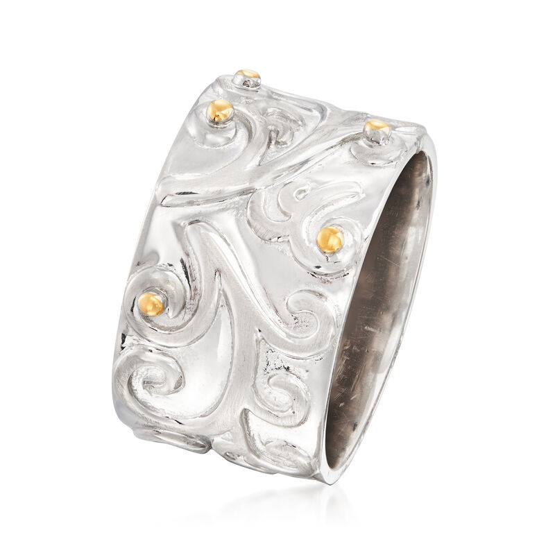 Sterling Silver Wide Scroll Ring with 14kt Yellow Gold image number 2